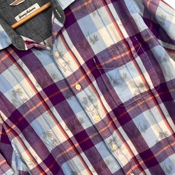 Tommy Bahama Mens L Double Flora Plaid Palm Tree Hawaiian Shirt Coastal Resort - Picture 1 of 12
